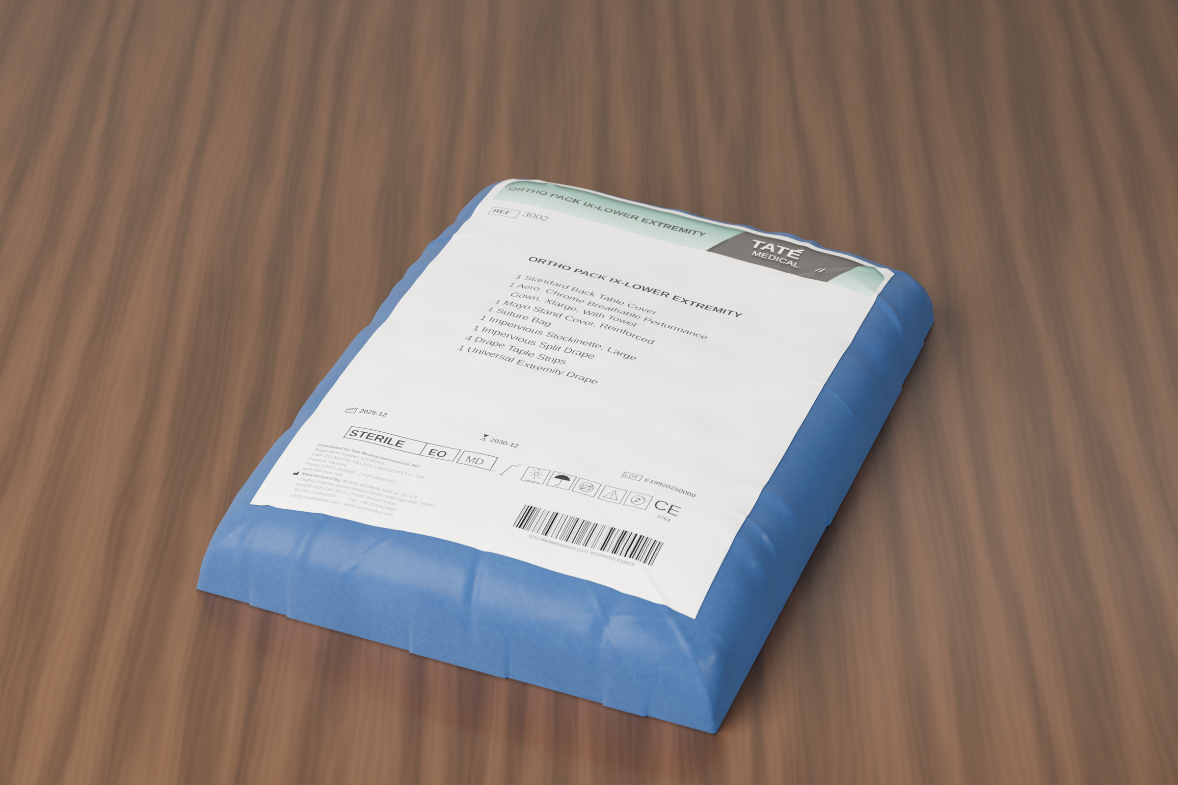 Ortho Pack IX, extremidad inferior: kit estéril armado a mano con etiqueta Taté Medical