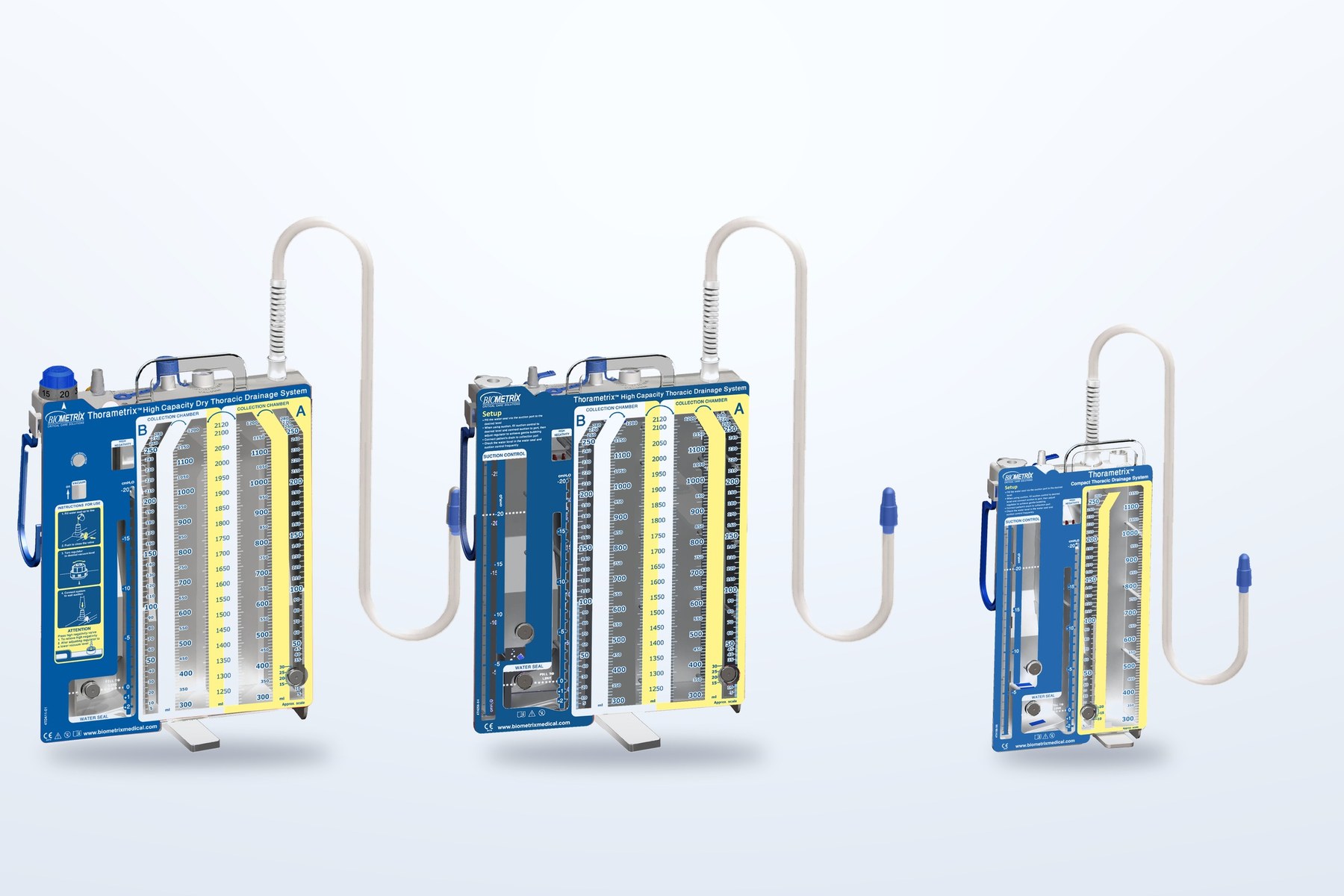 Sistemas de drenaje torácico Thorametrix de Biometrix: NC-7512 seco de alta capacidad, NC-5512 de alta capacidad (2300 ml) y NC-3311 compacto (1150 ml)